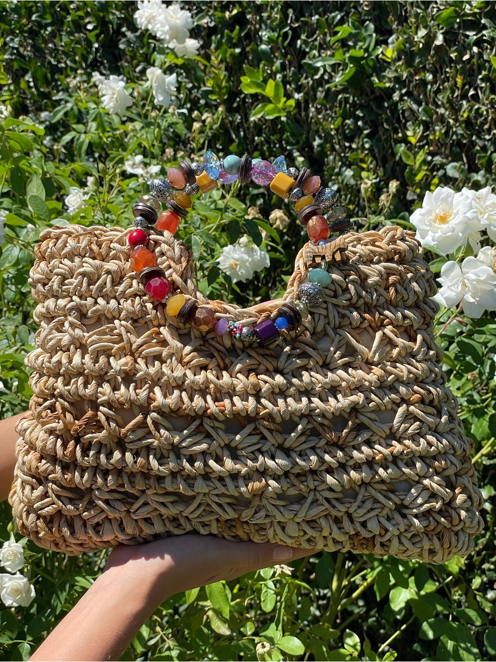 Cappelli Straworld Chunky Woven Straw Tote Multicolor Beaded Handle Boho Bag